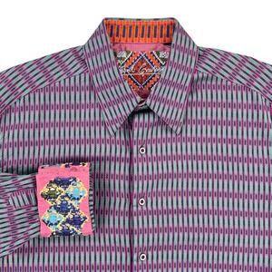 Robert Graham Embroidered Shirt Men LARGE Pink Green Long Sleeve Flip Cuff‎ READ